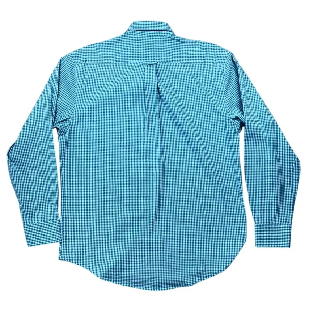 IZOD Button Down Shirt Mens M Blue Teal Gingham Non-Iron Stretch Long Sleeve